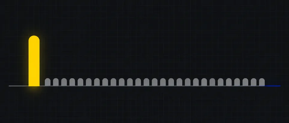 Geometrisk illustration af én høj gul søjle ved siden af en lang række små grå blokke på mørk baggrund