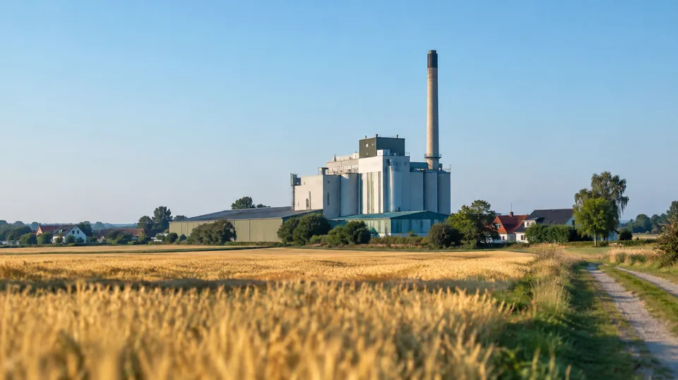 Stor fabriksbygning med høj skorsten ved kanten af en lille landsby omgivet af marker
