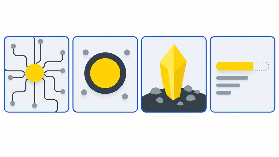 Geometrisk illustration i fire felter, der hver viser én dominerende gul form: et knudepunkt i et net, en cirkel i en ring, en krystal og en bjælke, der fader ud